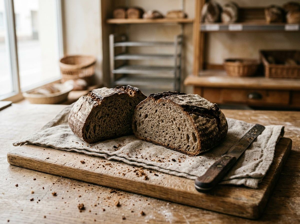 Ein Roggenmischbrot, in zwei Hälften geschnitten, auf einem Leinentuch, daneben ein Brotmesser und Krümel.