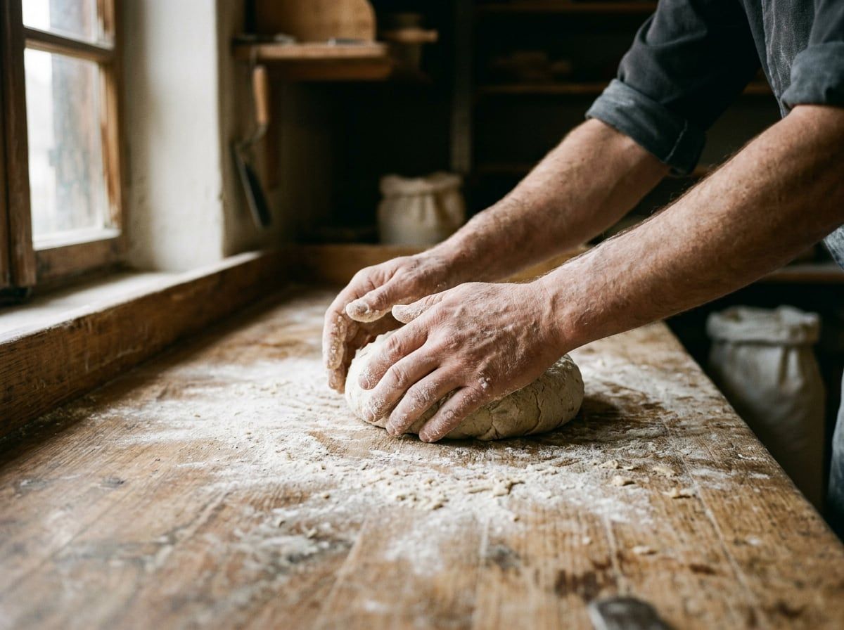 Zwei bemehlte Hände formen auf einem alten Holztisch einen runden Sauerteiglaib, daneben ein Fenster mit Morgenlicht.
