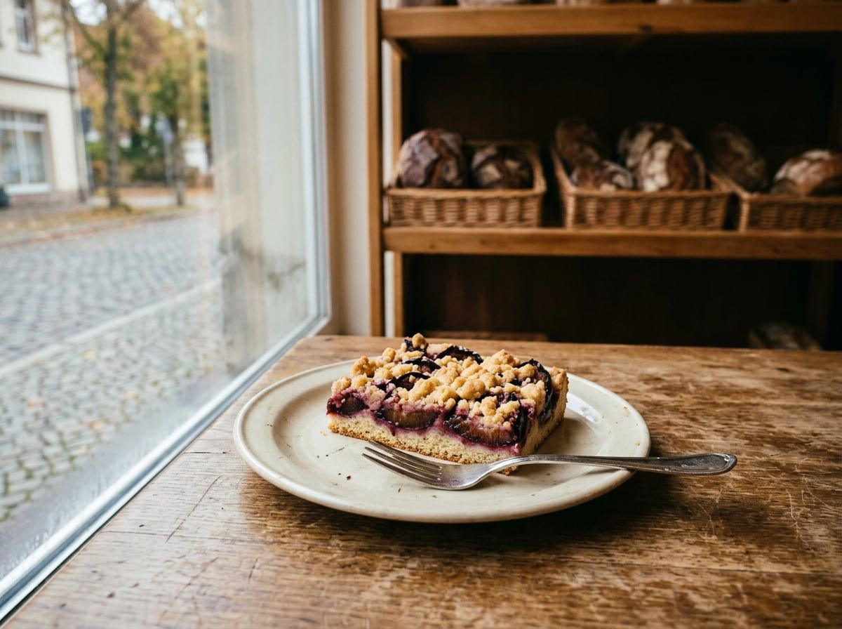 Ein Stück Zwetschgenkuchen mit Streuseln auf einem Teller am Ladenfenster, draußen Kopfsteinpflaster.