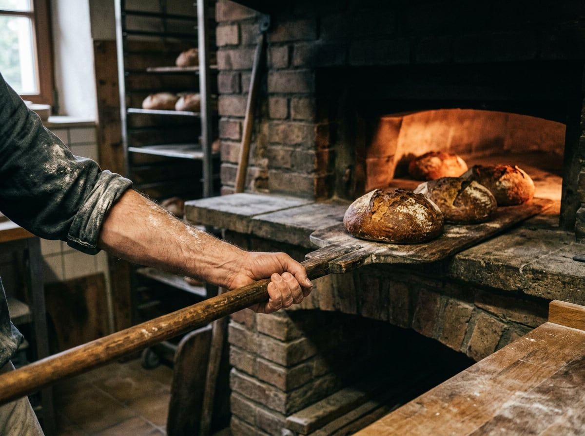 Ein Unterarm schiebt einen langen Holzschieber mit drei dunklen Broten aus einem gemauerten Steinofen.